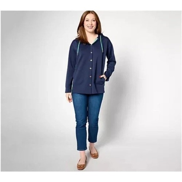 Isaac Mizrahi Live! Regular Clubhouse Scuba Knit Snap Front Tunic w/ Hood - 3XL - Picture 3 of 6